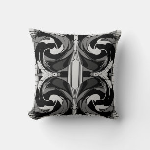 Grey Shades on Black Abstract Floral Large Tiles Throw Pillow