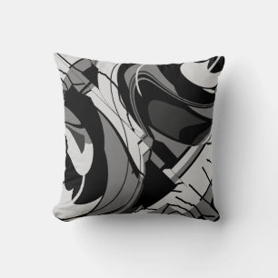 Grey Shades on Black Abstract Flowing Floral Throw Pillow