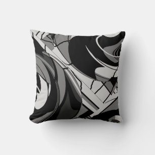 Grey Shades on Black Swirling Floral Abstract   Throw Pillow