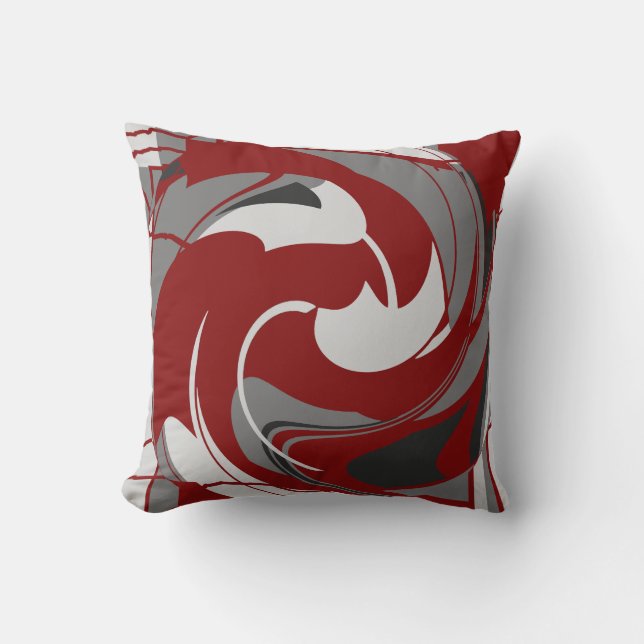 Grey Shades on Dark Red Abstract Flower Art Design Throw Pillow (Front)