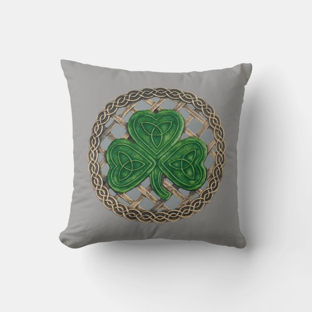 Grey Shamrock And Celtic Knots Reversible Pillow (Front)