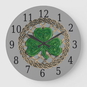 Grey Shamrock And Celtic Knots Round Clock