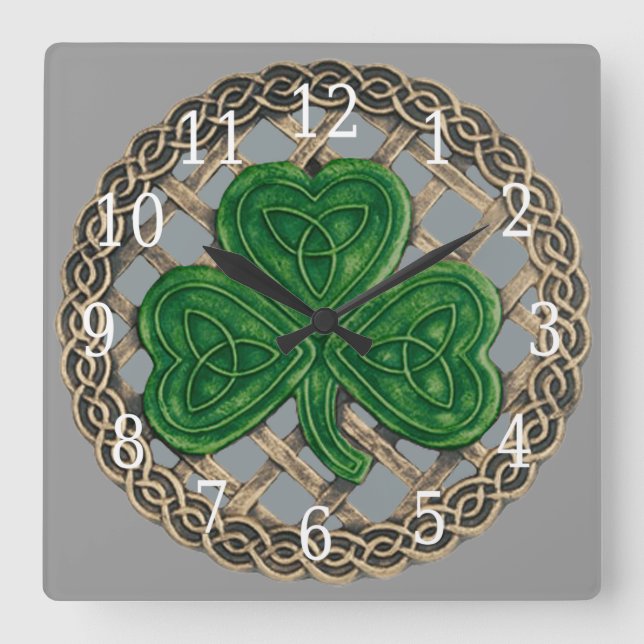 Grey Shamrock And Celtic Knots Square Clock (Front)