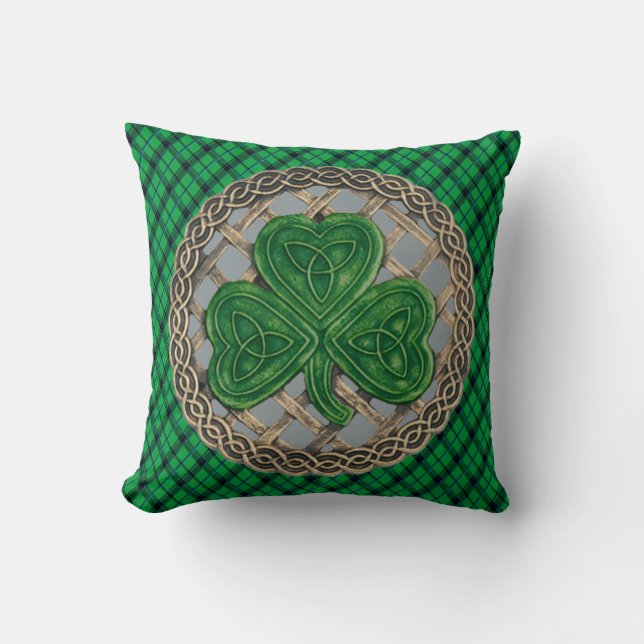 Grey Shamrock Celtic Knots On Green Plaid Throw Pillow (Front)