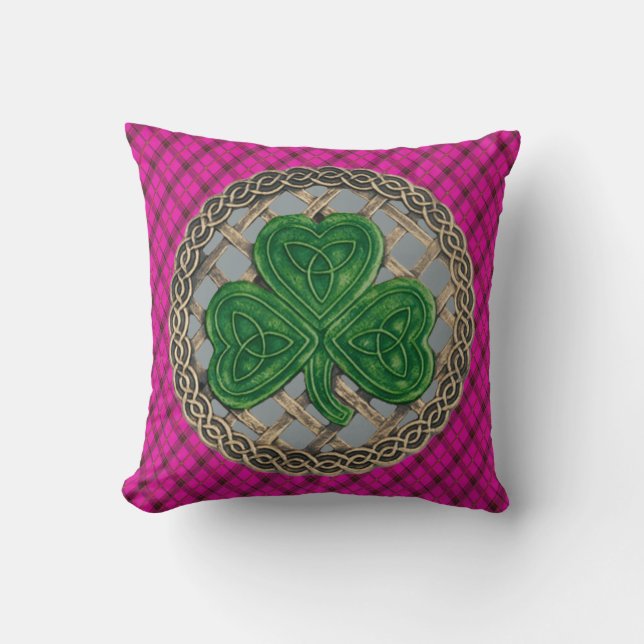 Grey Shamrock Celtic Knots On Pink Plaid Throw Pillow (Front)