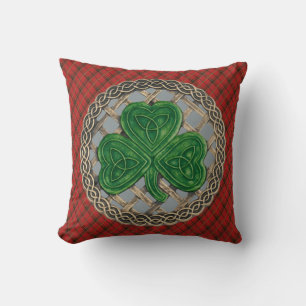 Grey Shamrock Celtic Knots On Red Plaid Throw Pillow