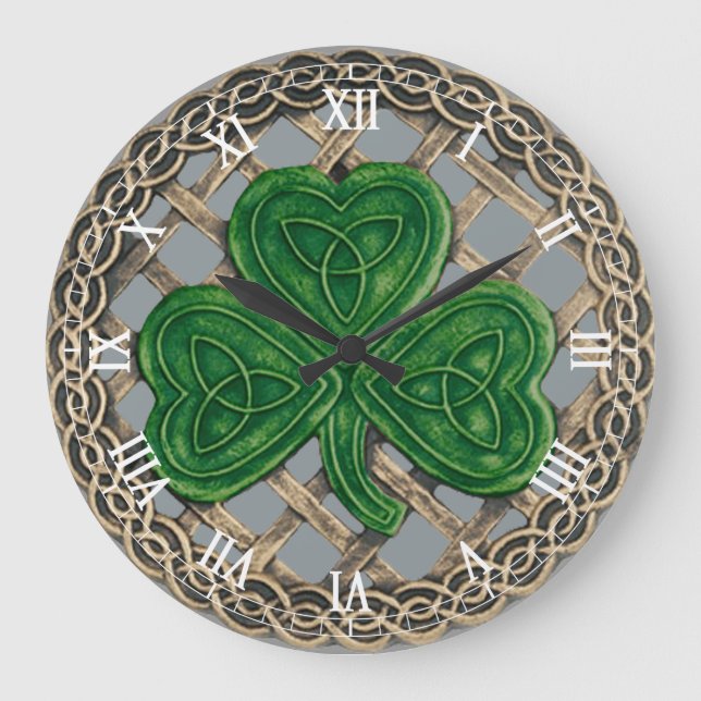 Grey Shamrock & Celtic Knots Roman Numeral Clock (Front)