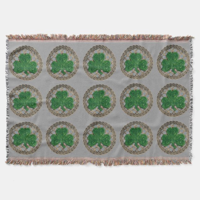 Grey Shamrock On Celtic Knots Throw Blanket (Front)