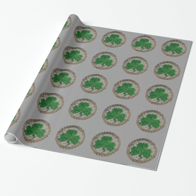 Grey Shamrock On Celtic Knots Wrapping Paper (Unrolled)