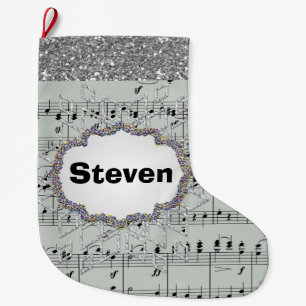Grey Sheet Music Silver Snowflake Faux Glitter Large Christmas Stocking