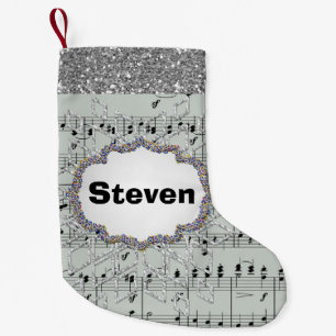 Grey Sheet Music Silver Snowflake Faux Glitter Small Christmas Stocking