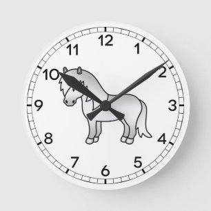 Grey Shetland Pony Cute Cartoon Illustration Round Clock