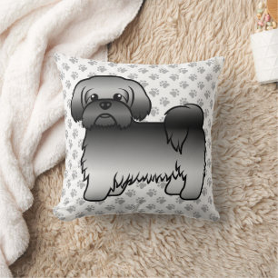 Grey Shih Tzu Cute Cartoon Dog & Paws Throw Pillow
