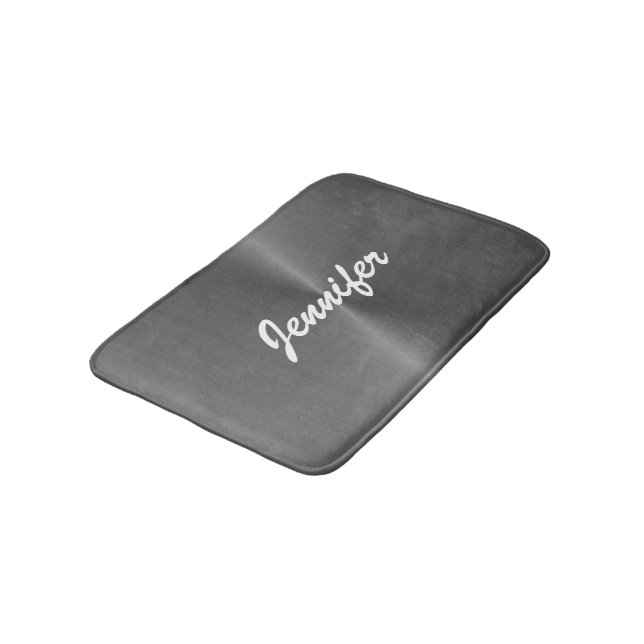 Grey shiny faux metal custom name bath mat (Angled)