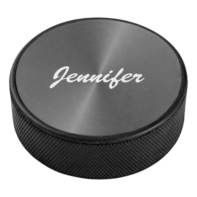 Grey shiny faux metal custom name hockey puck (3/4)