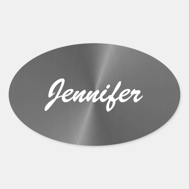 Grey shiny faux metal custom name oval sticker (Front)