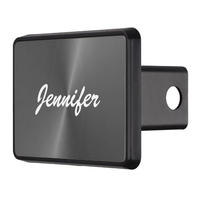 Grey shiny faux metal custom name trailer hitch cover (Left)
