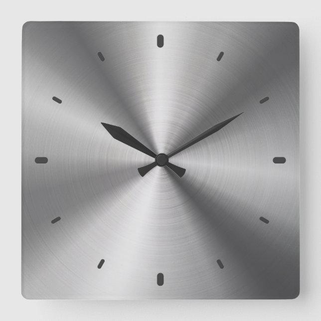 Grey Shiny Metallic Design-Stainless Steel Look Square Wall Clock (Front)
