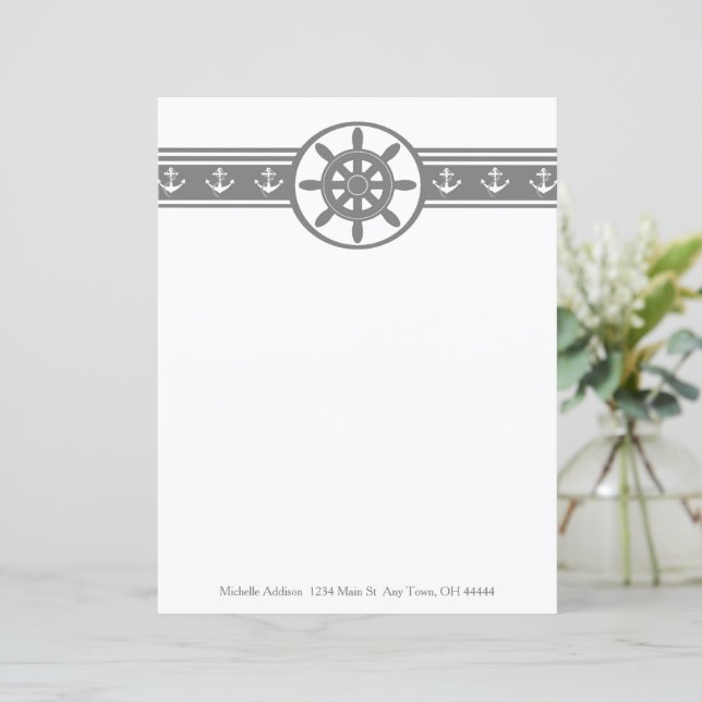 Grey Ships Wheel Personalized Paper Sheet (Standing Front)