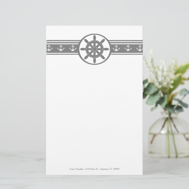 Grey Ships Wheel Personalized Stationery (Standing Front)