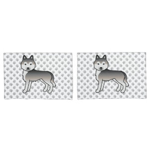 Grey Siberian Husky Cartoon Dog And Paws Pillowcase