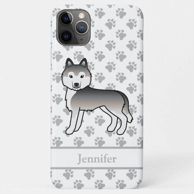 Grey Siberian Husky Cartoon Dog & Name Case-Mate iPhone Case (Back)