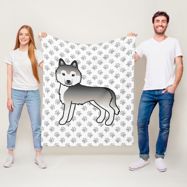 Grey Siberian Husky Cartoon Dog & Paws Fleece Blanket (In Situ)