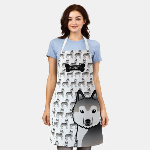 Grey Siberian Husky Cute Cartoon Dog & Name Apron