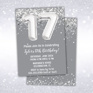 Grey Silver 17th Birthday Party Invitation