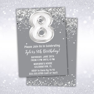 Grey Silver 8th Birthday Party Invitation