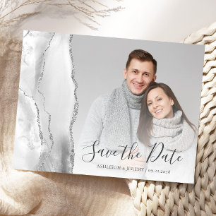 Grey Silver Agate Custom Photo Save the Date Postcard