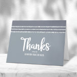 Grey Silver Bar Mitzvah Tallit Modern Bold Script Thank You Card<br><div class="desc">Make sure your favourite Bar Mitzvah shows his appreciation to all who supported his milestone event! Send out this cool, unique, modern, personalized thank you card. Bold, white script typography, Star of David, and a soft grey and silver glitter striped tallit inspired graphic overlay a simple, lighter soft grey background....</div>