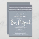 Grey Silver Bar Mitzvah Tallit Simple Modern Bold Invitation<br><div class="desc">Be proud, rejoice and showcase this milestone of your favourite Bar Mitzvah! Send out this cool, unique, modern, personalized invitation for an event to remember. Bold, white script typography, Star of David and a soft grey and silver glitter striped tallit inspired graphic overlay a simple, lighter soft grey background. Personalize...</div>