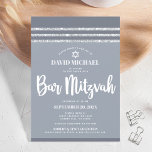 Grey Silver Bar Mitzvah Tallit Simple Modern Bold Invitation<br><div class="desc">Be proud, rejoice and showcase this milestone of your favourite Bar Mitzvah! Send out this cool, unique, modern, personalized invitation for an event to remember. Bold, white script typography, Star of David and a soft grey and silver glitter striped tallit inspired graphic overlay a simple, lighter soft grey background. Personalize...</div>
