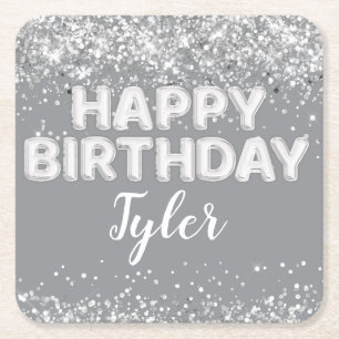 Grey Silver Birthday Party Square Paper Coaster