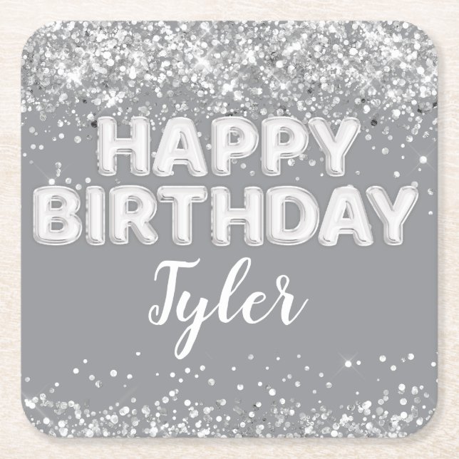 Grey Silver Birthday Party Square Paper Coaster (Front)