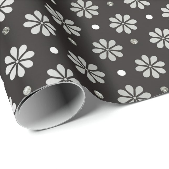 Grey Silver Black Foil  Floral Daisy  Dots Wrapping Paper (Roll Corner)