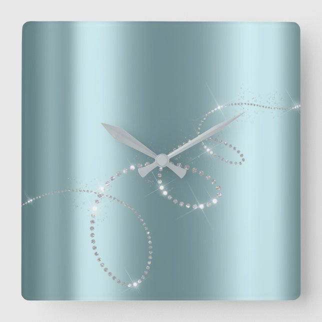 Grey Silver Blue Crystals Infinity Diamonds Square Wall Clock (Front)