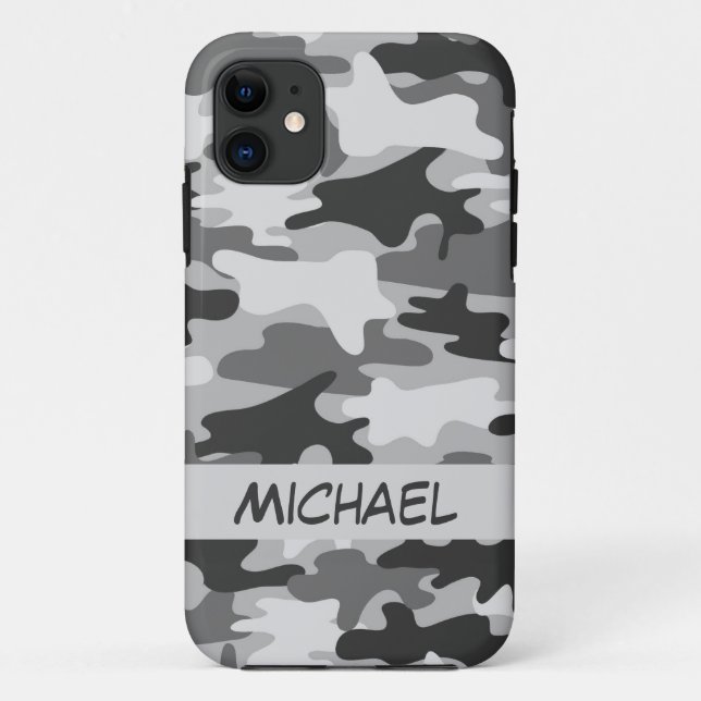 Grey Silver Camo Camouflage Personalized Name Case-Mate iPhone Case (Back)