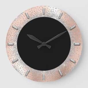 Grey Silver Crystals Black Rose Abstract Elegant Large Clock