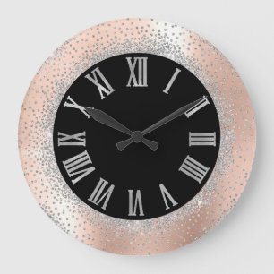 Grey Silver Crystals Black Rose Roman Numbers Large Clock