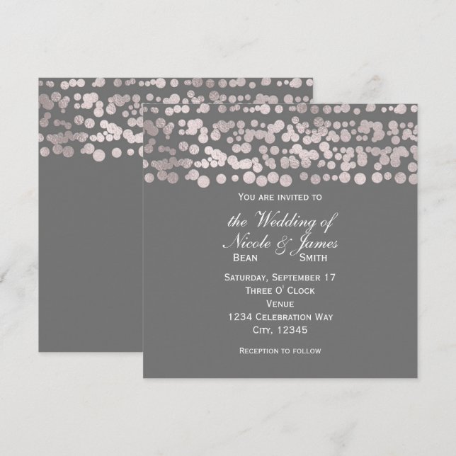 Grey Silver Dots Elegant Glam Wedding Invitations (Front/Back)