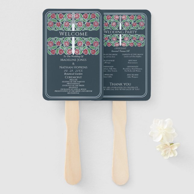 Grey Silver Floral Sword Royal Wedding Program Hand Fan (Front and Back)