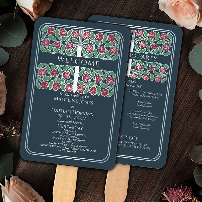 Grey Silver Floral Sword Royal Wedding Program Hand Fan (Creator Uploaded)