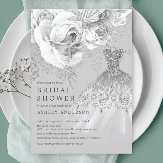 Grey & Silver Floral Wedding Dress Bridal Shower Invitation (Creator Uploaded)