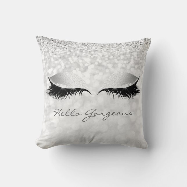 Grey Silver Girly Makeup Lashes Hello Gorgeous Throw Pillow (Front)