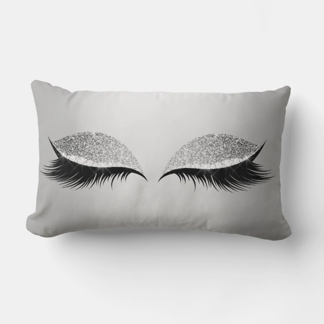 Grey Silver Glitter Black Eyes Glam Makeup Lashes Lumbar Pillow (Front)