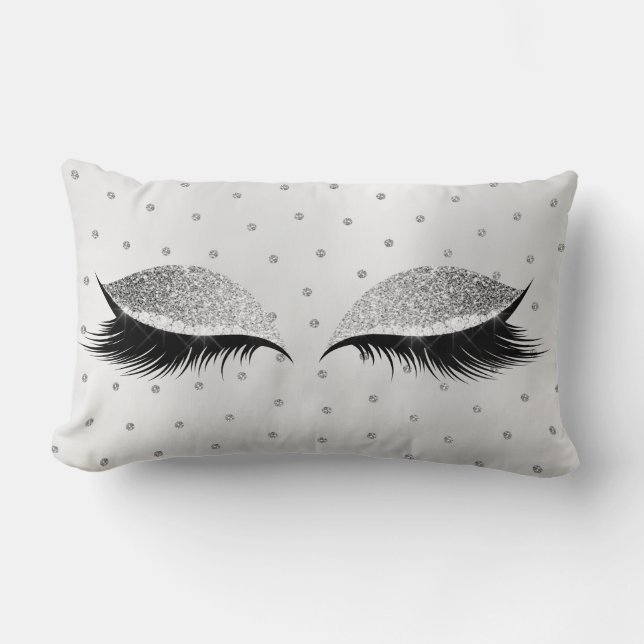 Grey Silver Glitter Eyes Makeup Lashes Swarovski Lumbar Pillow (Front)