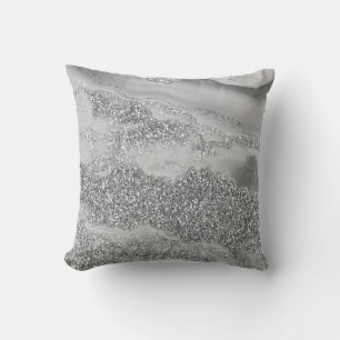 Grey Silver Glitter Luxury Agate Geode Throw Pillow