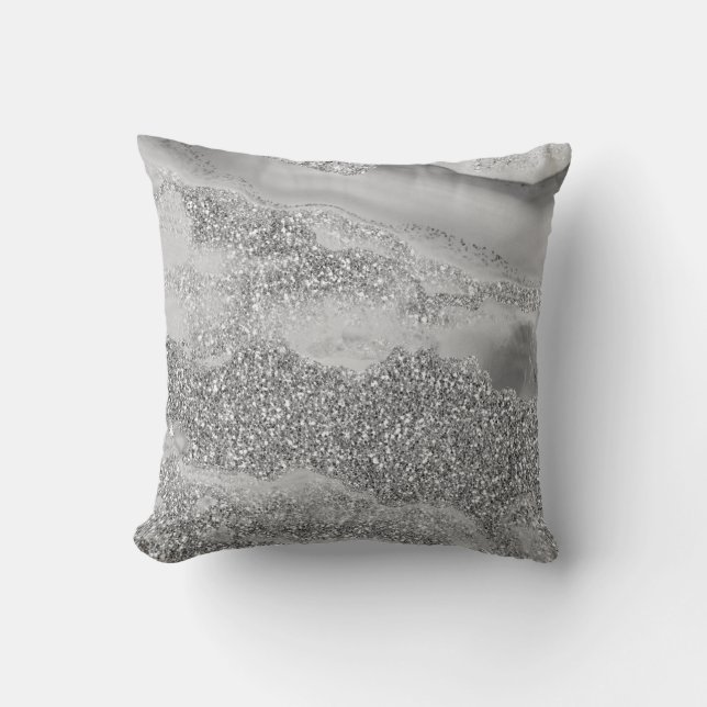 Grey Silver Glitter Luxury Agate Geode Throw Pillow (Front)